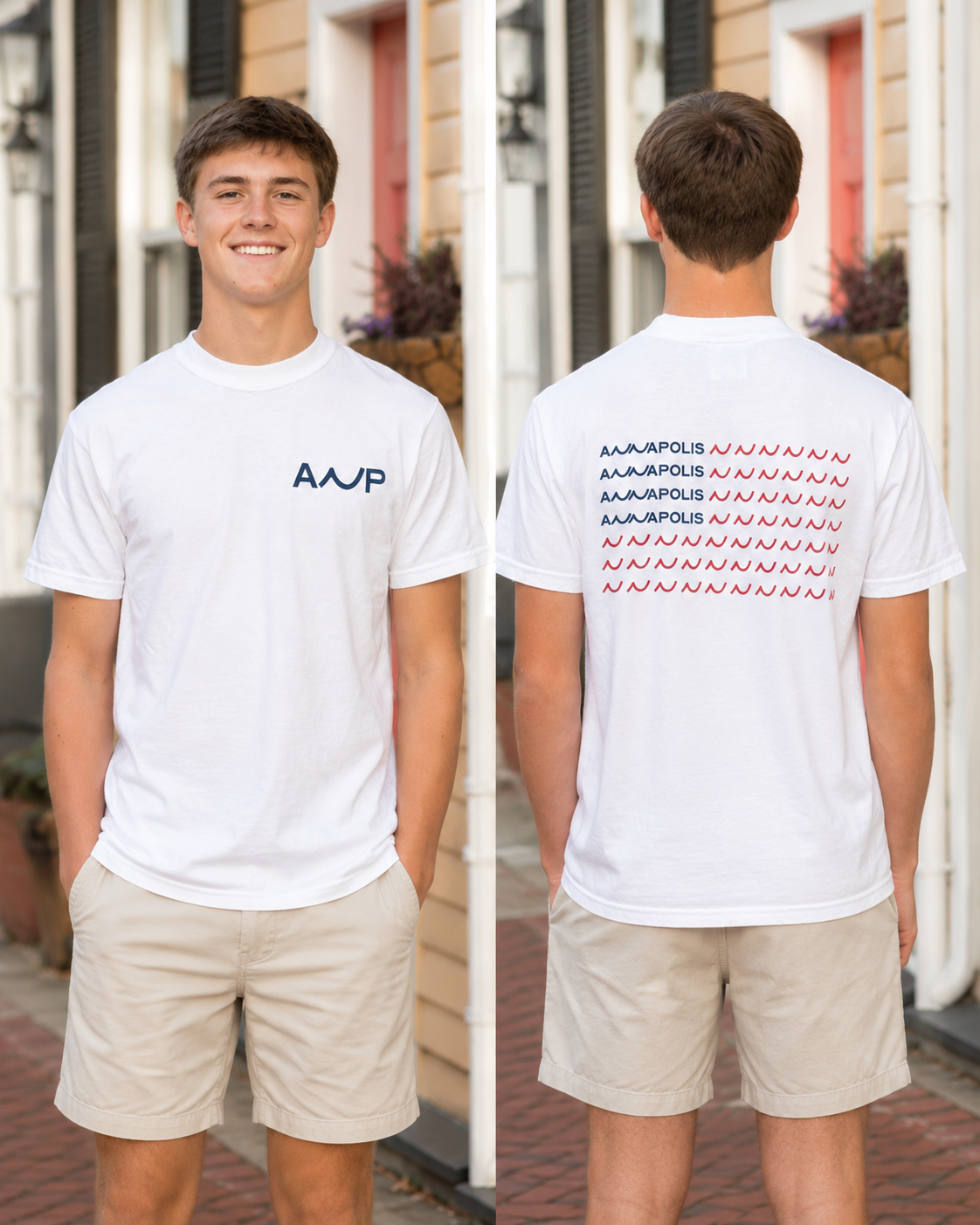 A young man modeling a white short-sleeve t-shirt shown from both front and back. The front features a dark navy blue 'AAJP' logo on the left chest, and the back features a repeating pattern of the 'AAJP' logo in navy blue and red.
