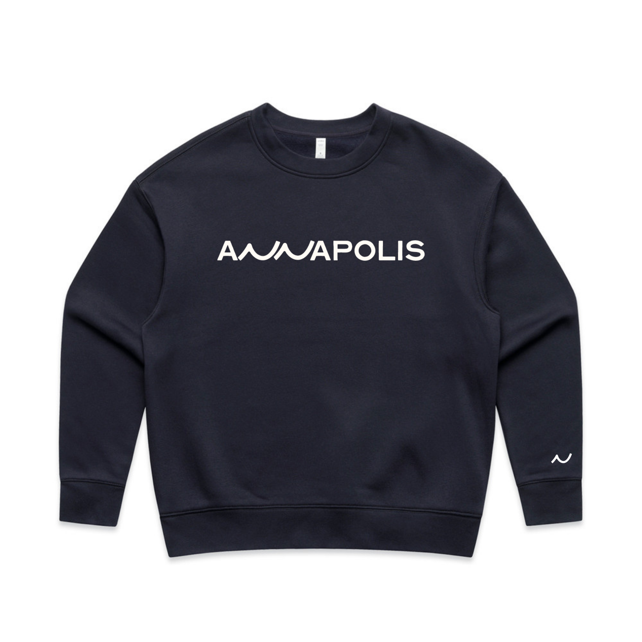 Navy blue sweatshirt with 'Annapolis' printed on a white background