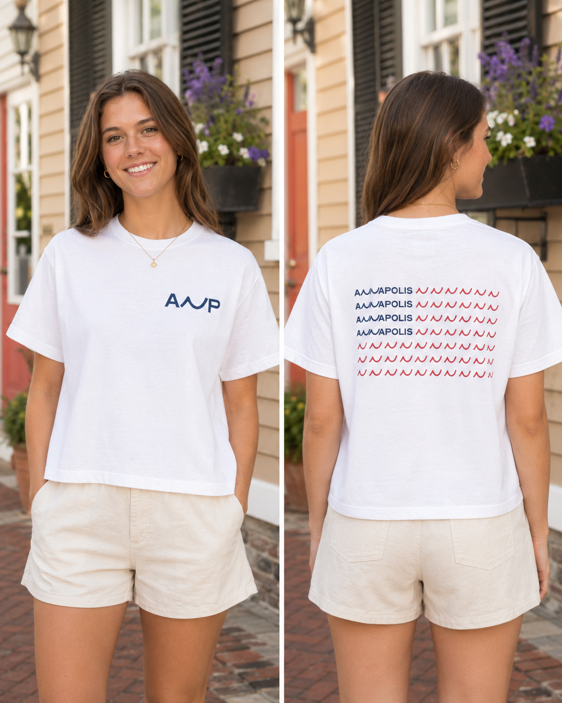 A woman modeling a white short-sleeve Annapolis T-shirt outdoors, shown from the front and back. The front has a dark blue 'AP' logo on the left chest, and the back has repeated 'ANP' text in blue and red with small red-and-blue wave-like marks below each.