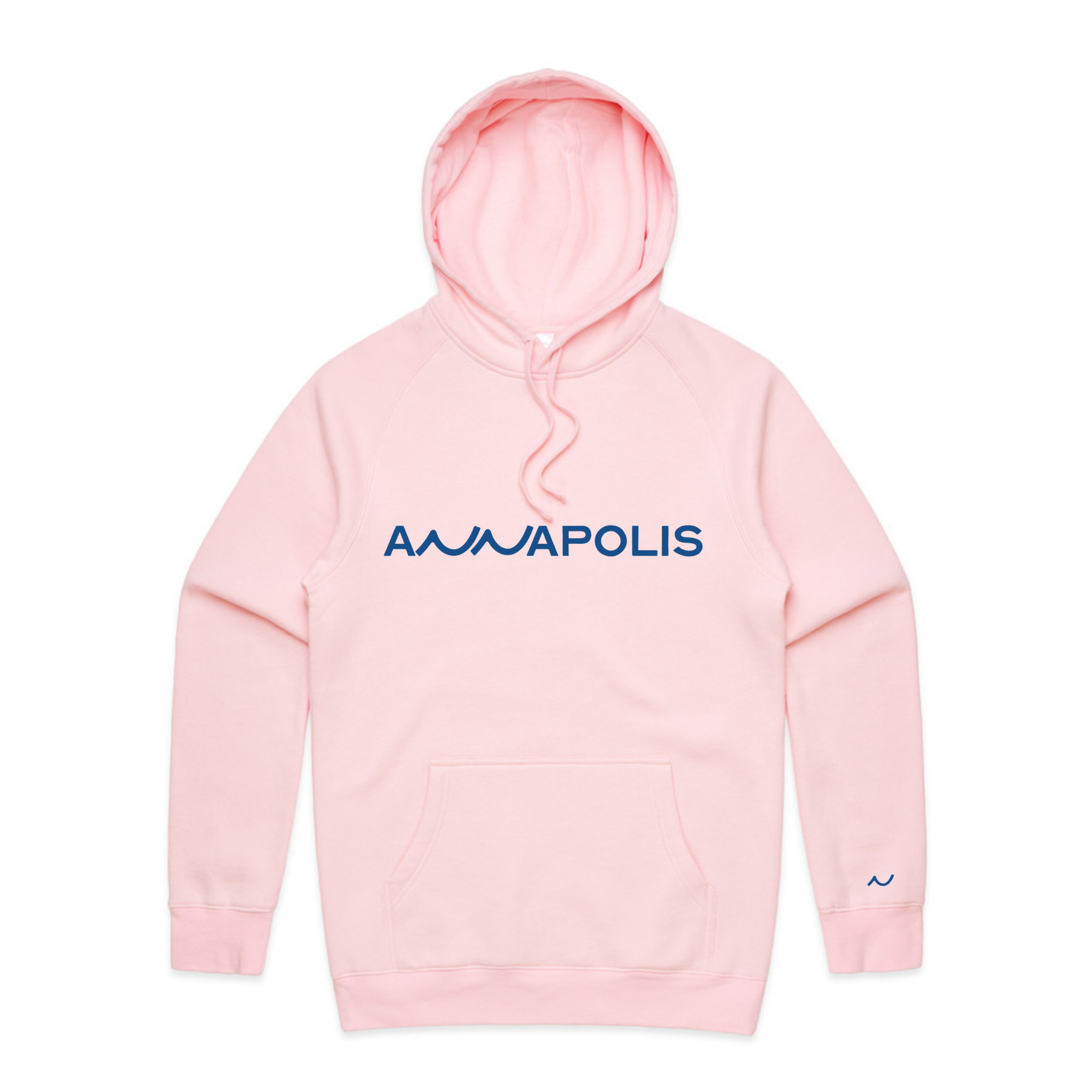 Blush pink lightweight hoodie with navy Annapolis wave graphic on front and small wave detail on sleeve.