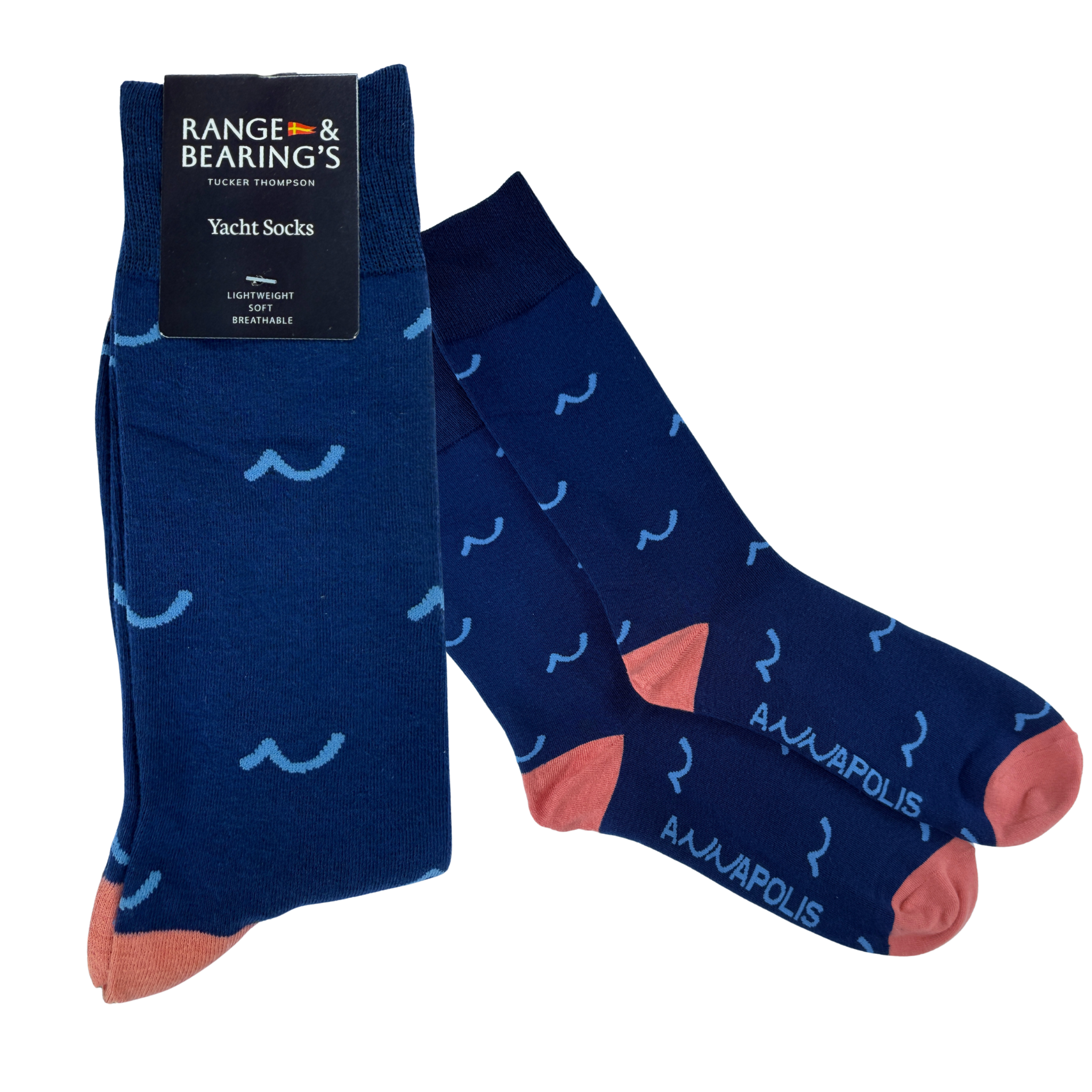 Pair of navy blue socks with pink accents and 'Acapulco' text, branded 'Range & Bearing's', on a white background.