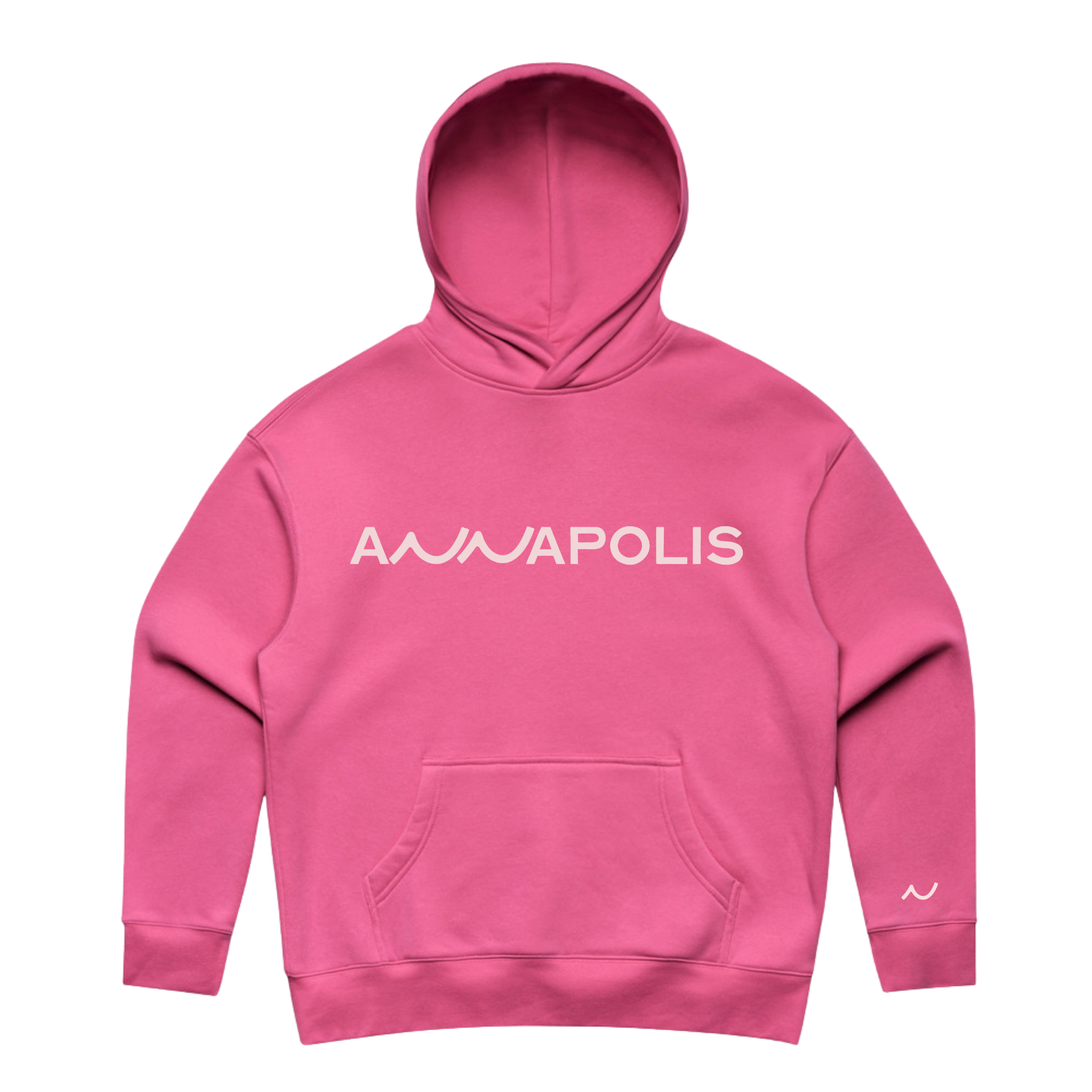 Pink pullover hoodie with white Annapolis wave logo across the chest and a small white wave icon on the sleeve cuff.