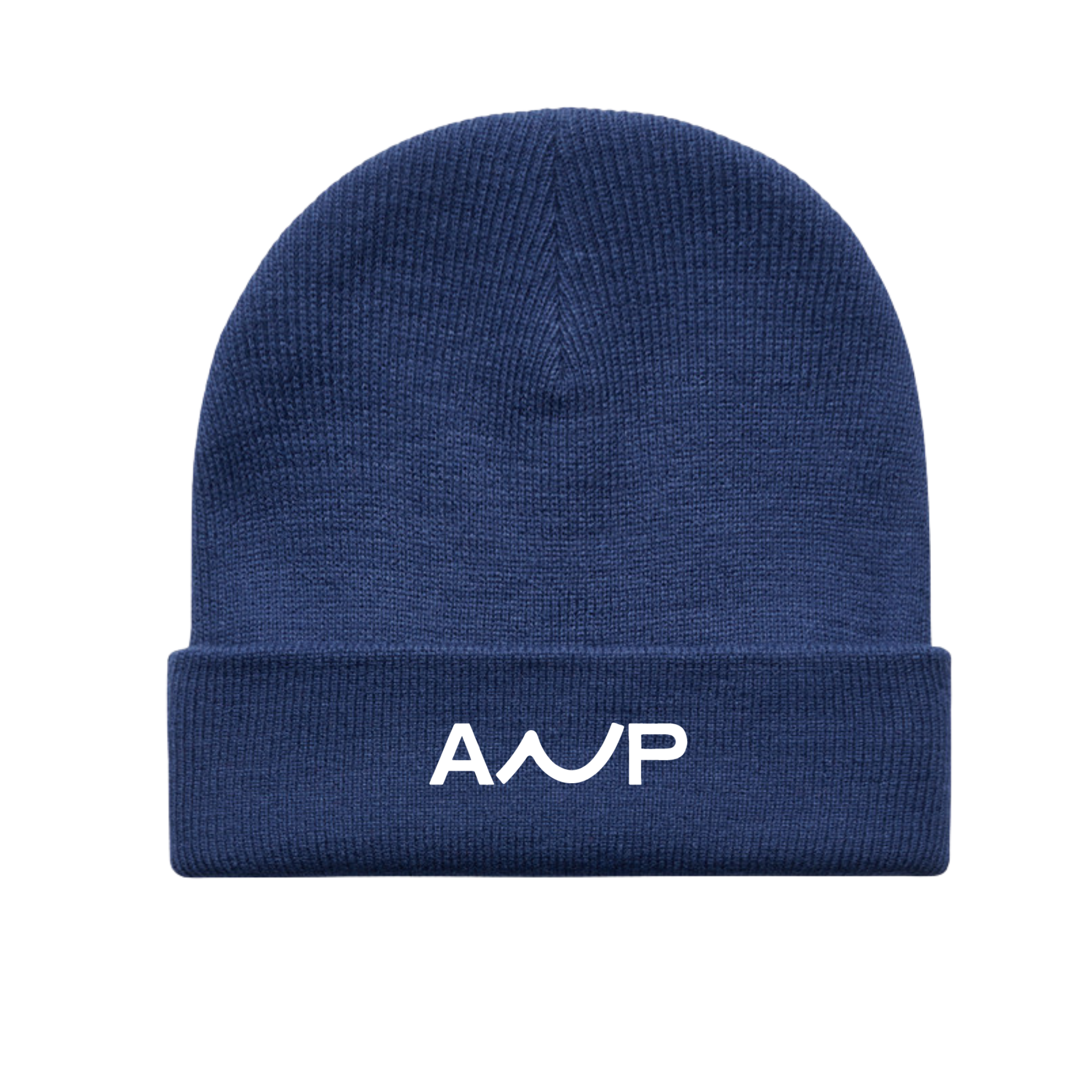 Blue beanie with white logo on a white background