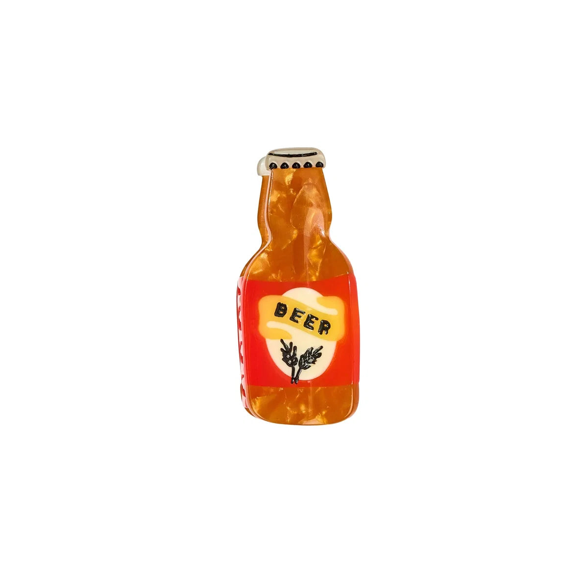 Mini amber beer bottle claw clip with a red label, pearlescent finish, and cream bottle cap on a white background. West Annapolis Oktoberfest.